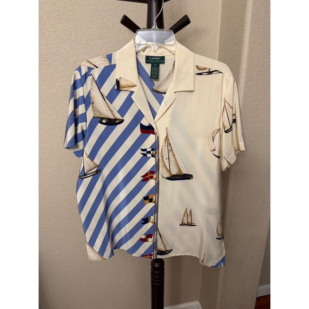 Lauren Ralph Lauren Silk Nautical Sailboat Stripe Button Up Shirt Cream Blue M